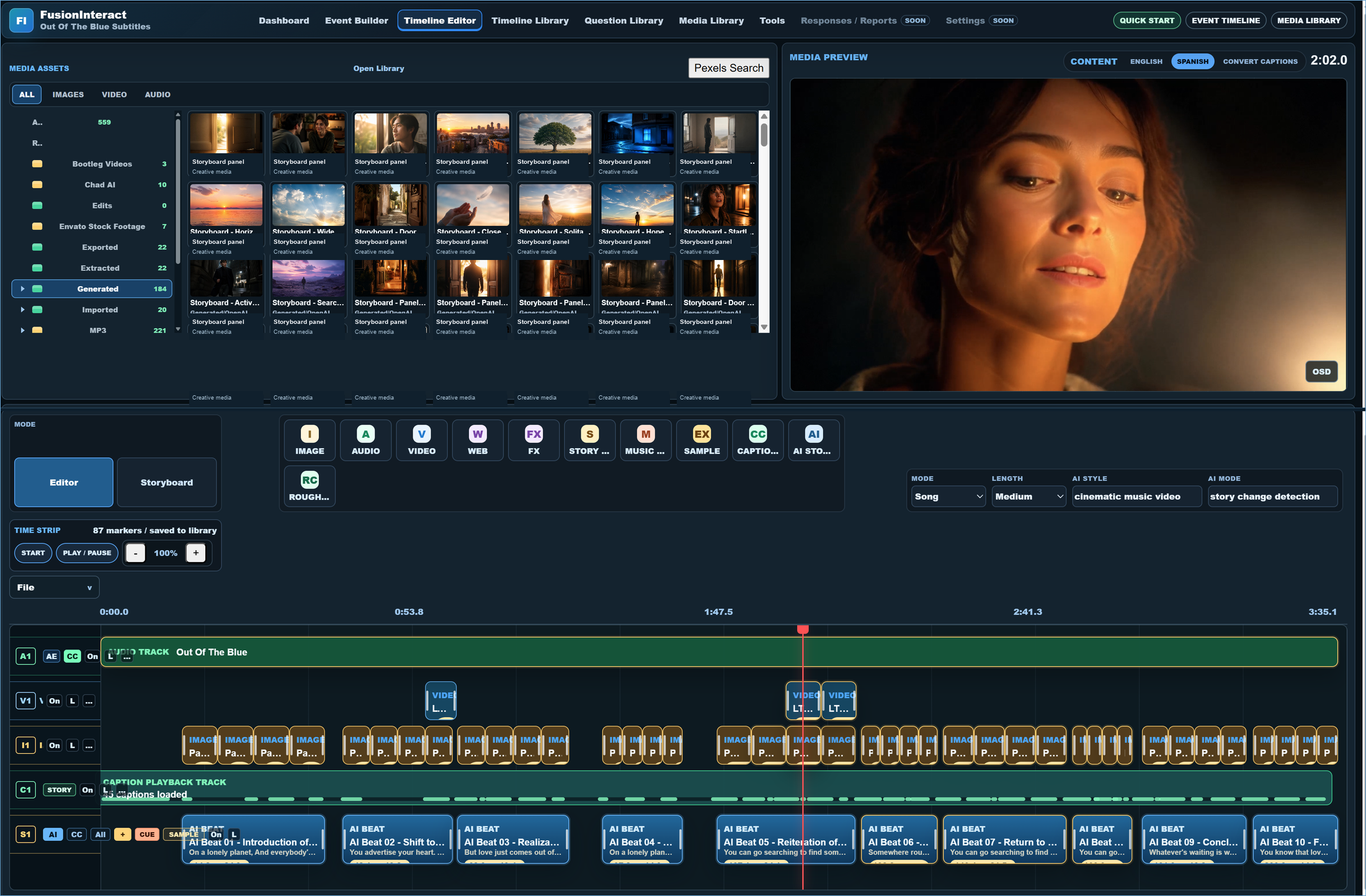 FusionInteract timeline editor with media library, preview window, caption tracks, story tracks, and generated storyboard clips
